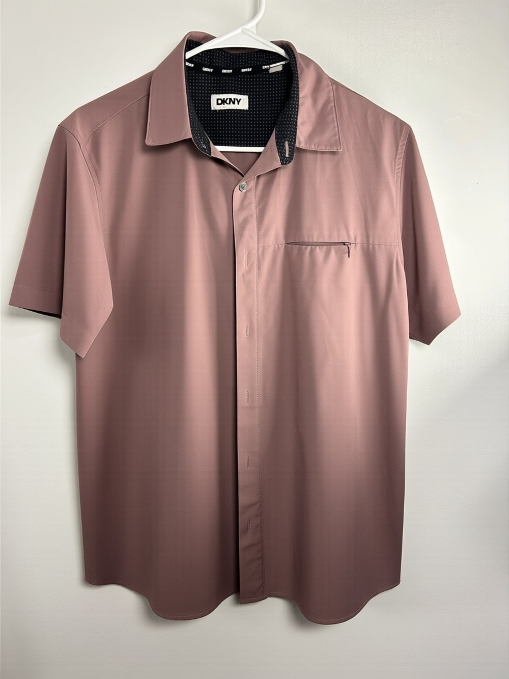 DKNY Men's Short Sleeve Button-Down Shirt in Dusty Mauve, Salmon